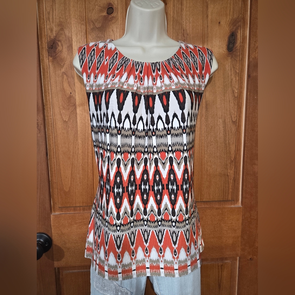 Calvin Klein Sleeveless Tribal‎ Print Blouse - Orange and Black